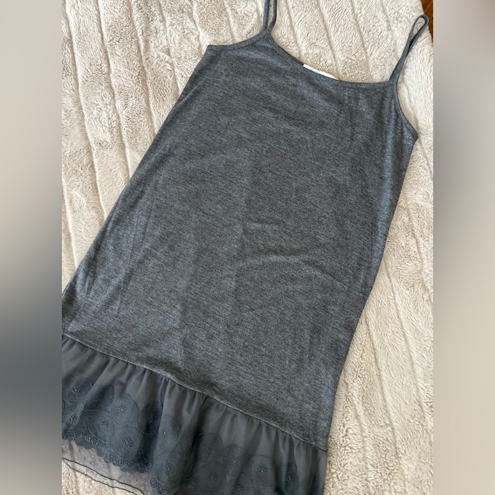 Tank Dress T Knit O2 Collection Heather Gray Sheer Tulle Eyelet Ruffle Hem SZ S - Picture 2 of 6